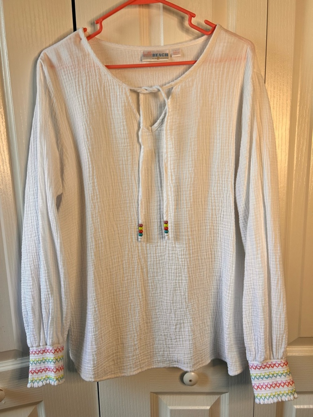 Belle Beach by Kim Gravel Cotton Gauze Color Crush Smocked Sleeve Large Top